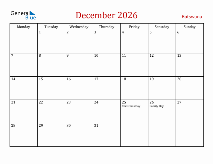Botswana December 2026 Calendar - Monday Start