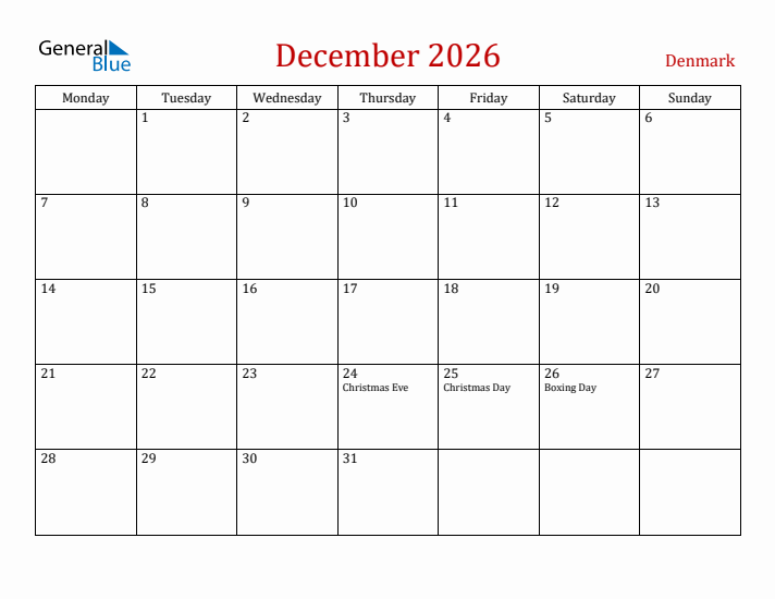 Denmark December 2026 Calendar - Monday Start