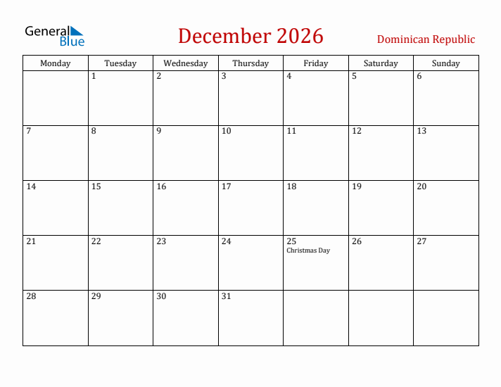 Dominican Republic December 2026 Calendar - Monday Start