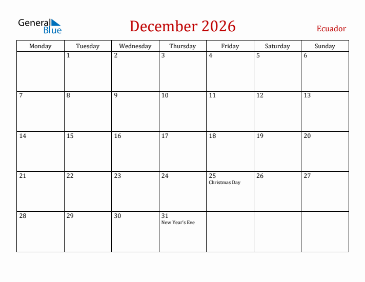Ecuador December 2026 Calendar - Monday Start