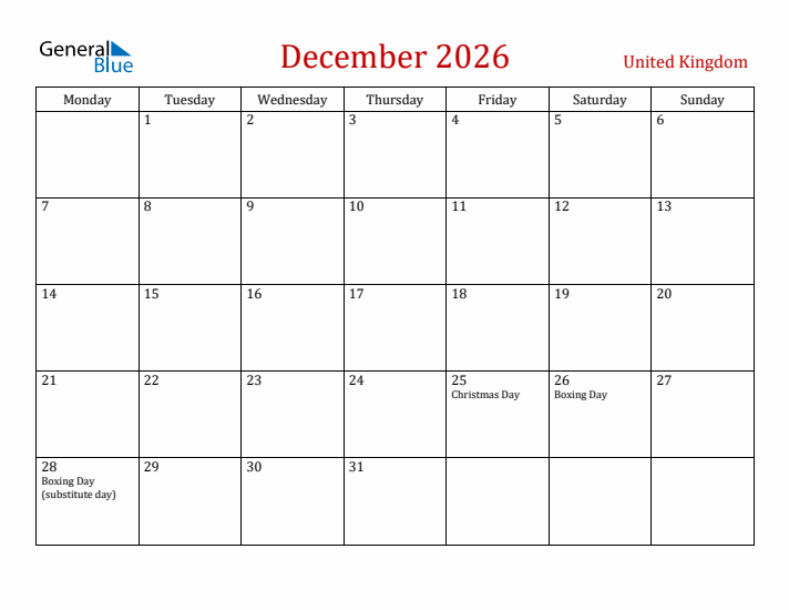 United Kingdom December 2026 Calendar - Monday Start