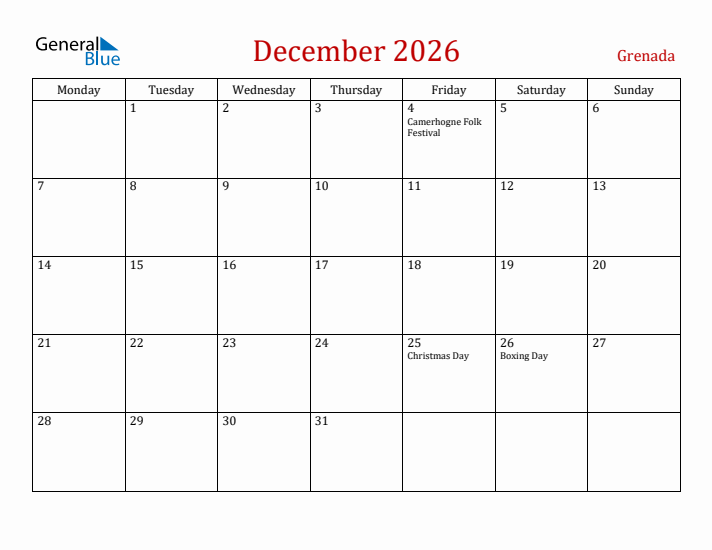 Grenada December 2026 Calendar - Monday Start