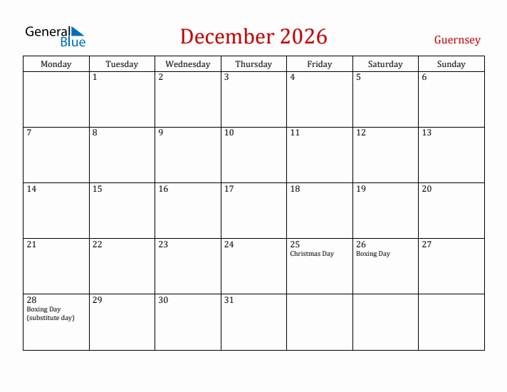 Guernsey December 2026 Calendar - Monday Start