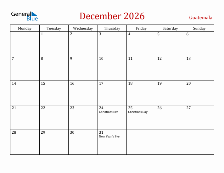 Guatemala December 2026 Calendar - Monday Start