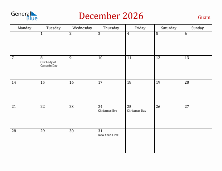 Guam December 2026 Calendar - Monday Start