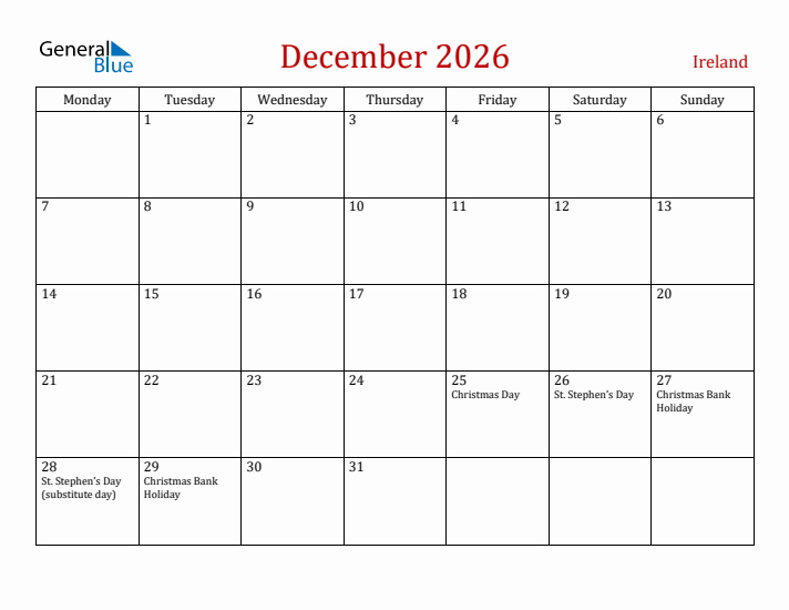 Ireland December 2026 Calendar - Monday Start