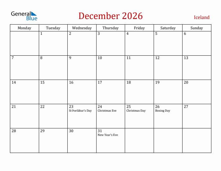 Iceland December 2026 Calendar - Monday Start