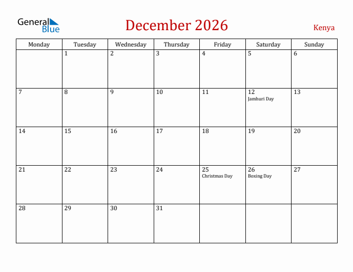 Kenya December 2026 Calendar - Monday Start
