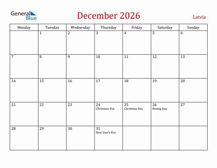 Latvia December 2026 Calendar - Monday Start