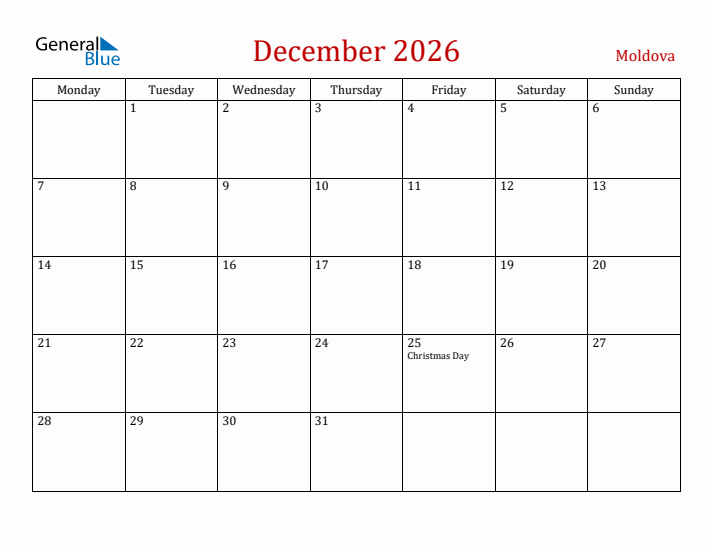 Moldova December 2026 Calendar - Monday Start