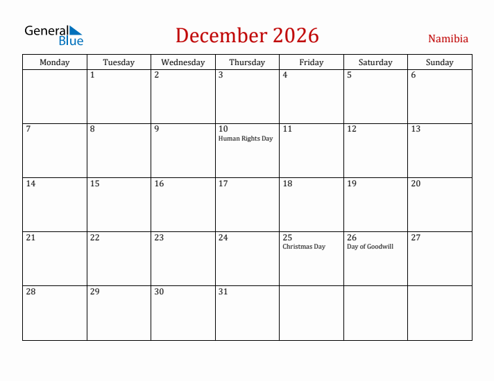 Namibia December 2026 Calendar - Monday Start