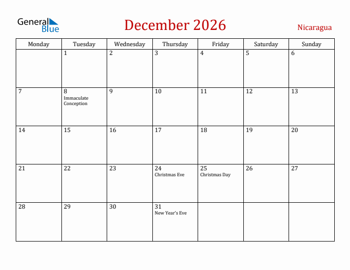 Nicaragua December 2026 Calendar - Monday Start