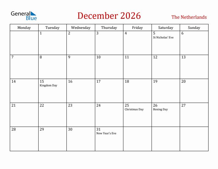 The Netherlands December 2026 Calendar - Monday Start