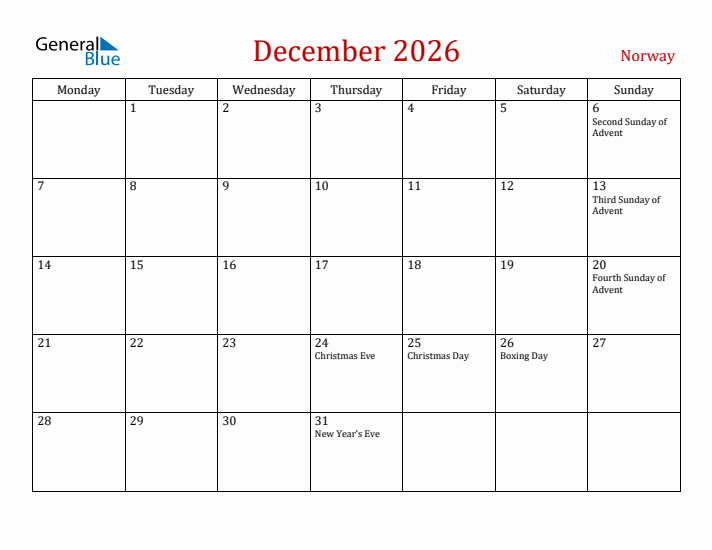 Norway December 2026 Calendar - Monday Start