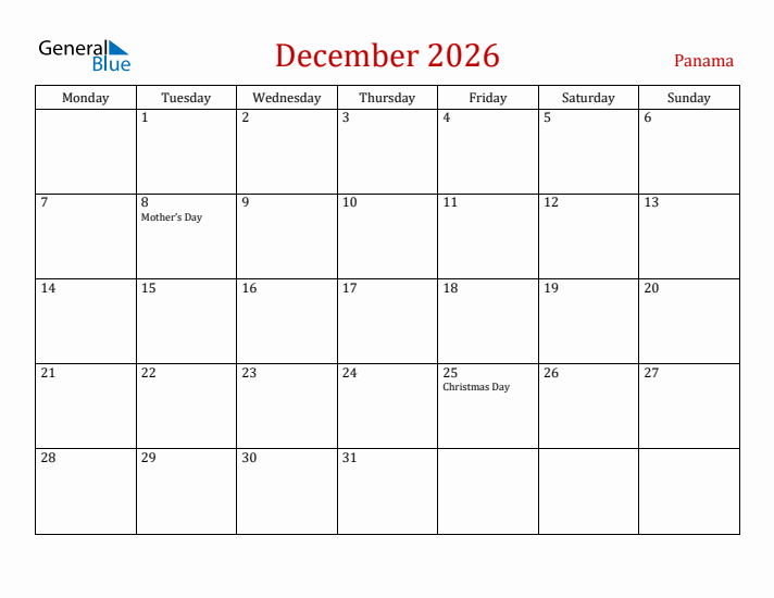 Panama December 2026 Calendar - Monday Start