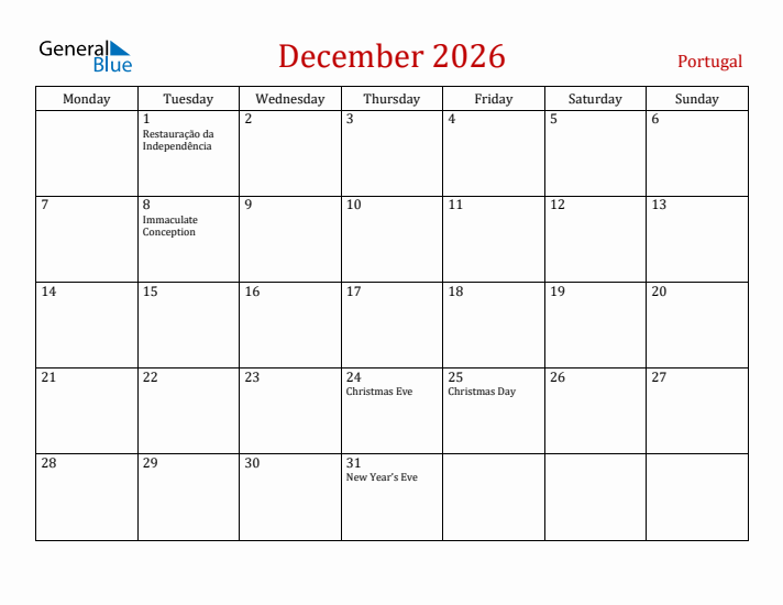 Portugal December 2026 Calendar - Monday Start