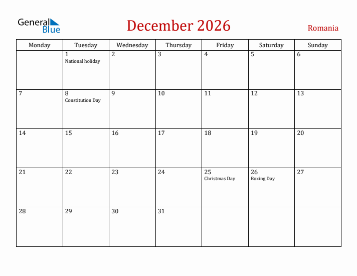 Romania December 2026 Calendar - Monday Start