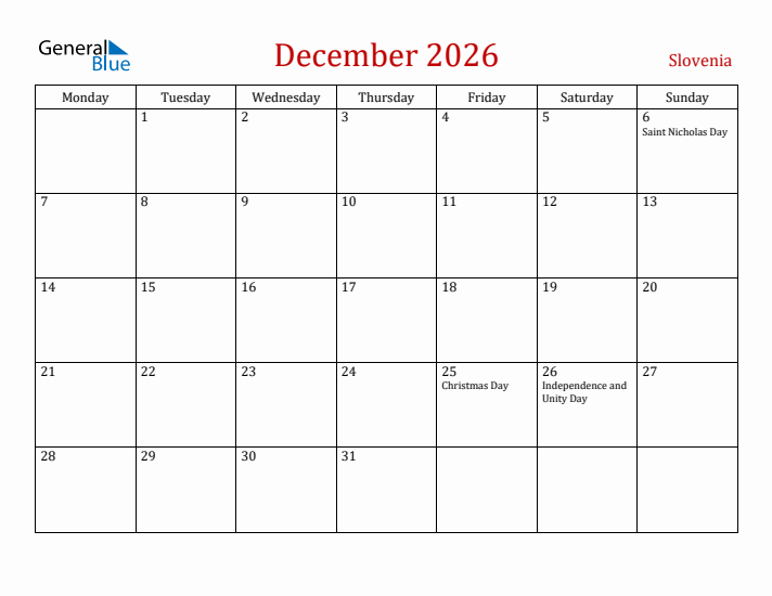 Slovenia December 2026 Calendar - Monday Start