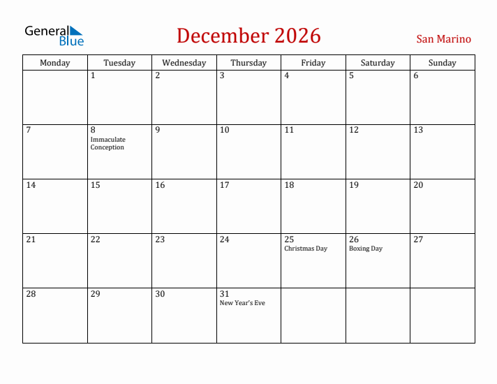 San Marino December 2026 Calendar - Monday Start