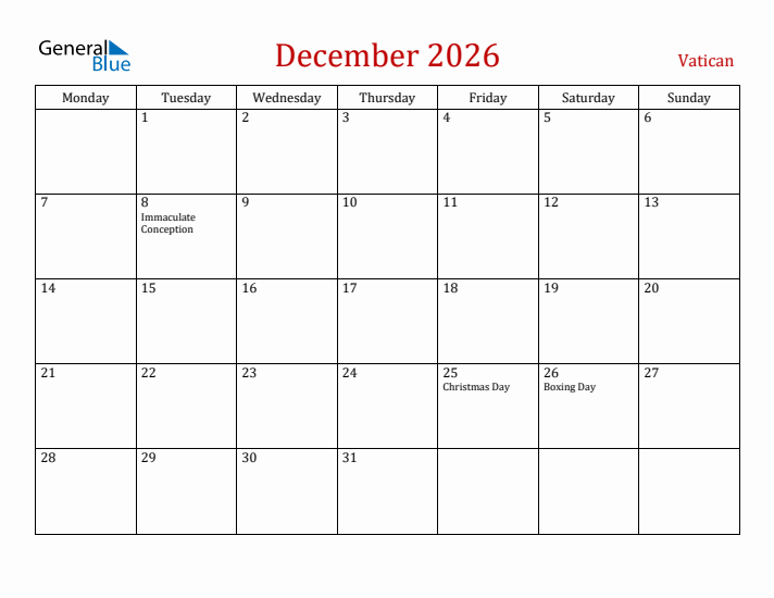 Vatican December 2026 Calendar - Monday Start