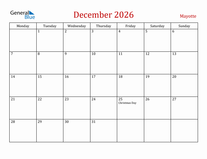 Mayotte December 2026 Calendar - Monday Start