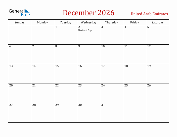 United Arab Emirates December 2026 Calendar - Sunday Start