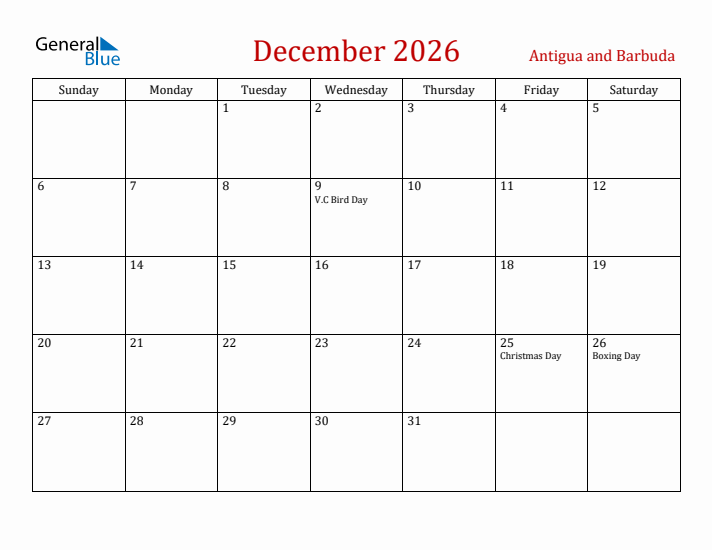 Antigua and Barbuda December 2026 Calendar - Sunday Start