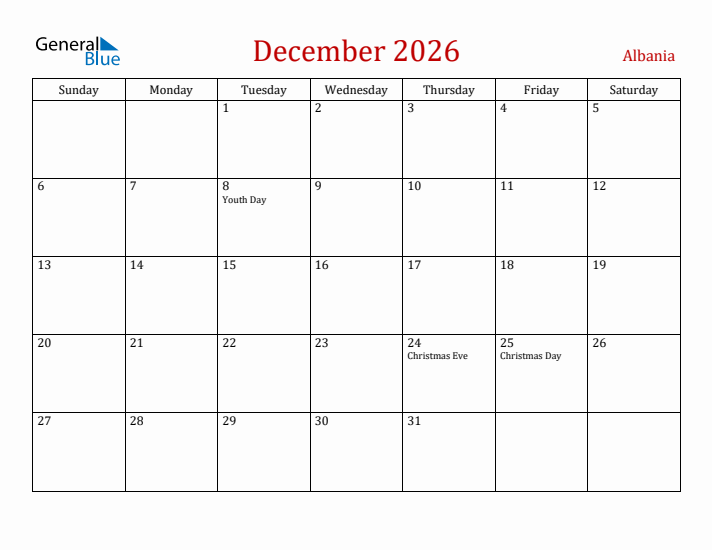Albania December 2026 Calendar - Sunday Start