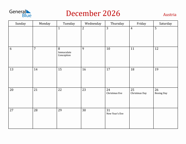 Austria December 2026 Calendar - Sunday Start