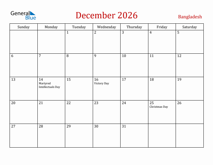 Bangladesh December 2026 Calendar - Sunday Start