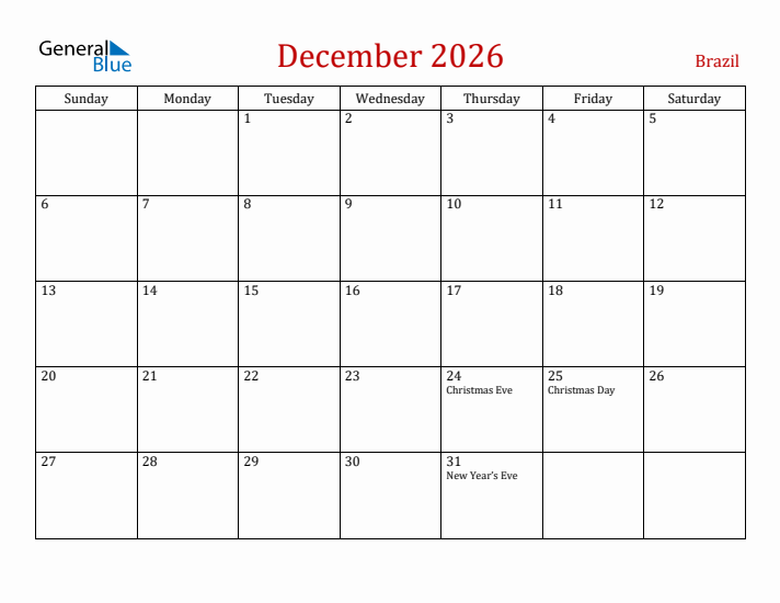 Brazil December 2026 Calendar - Sunday Start