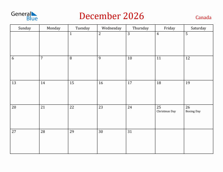 Canada December 2026 Calendar - Sunday Start