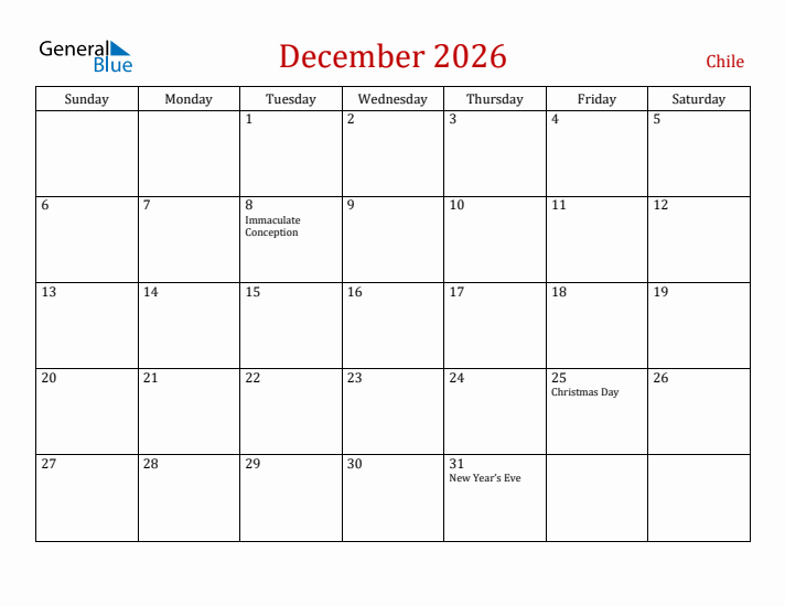 Chile December 2026 Calendar - Sunday Start