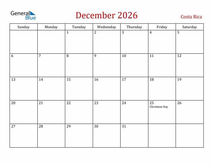 Costa Rica December 2026 Calendar - Sunday Start