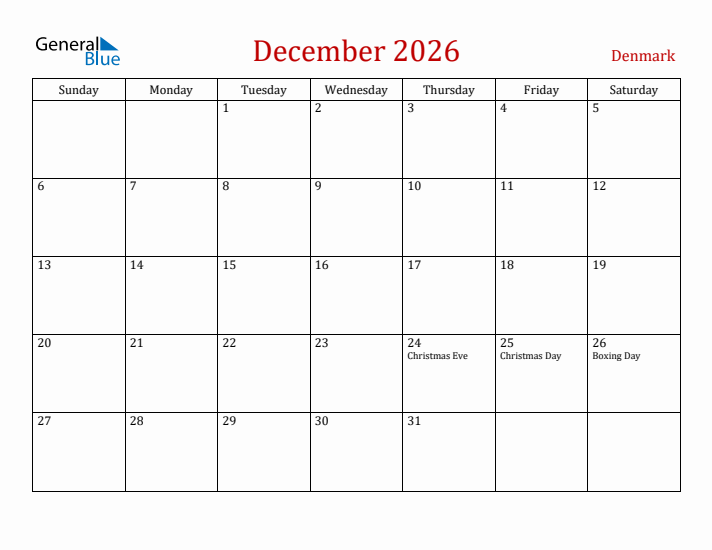 Denmark December 2026 Calendar - Sunday Start