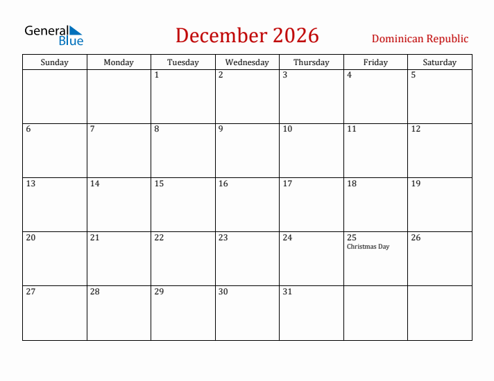 Dominican Republic December 2026 Calendar - Sunday Start