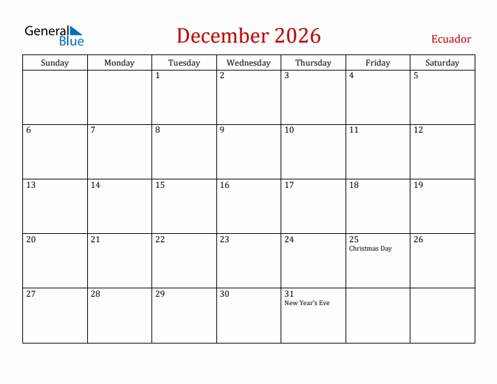 Ecuador December 2026 Calendar - Sunday Start