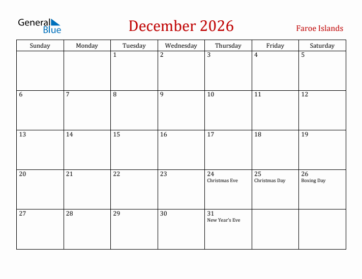 Faroe Islands December 2026 Calendar - Sunday Start