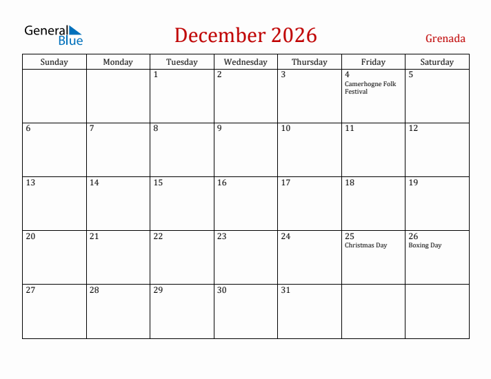 Grenada December 2026 Calendar - Sunday Start