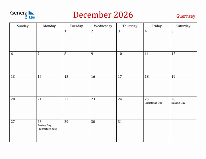 Guernsey December 2026 Calendar - Sunday Start