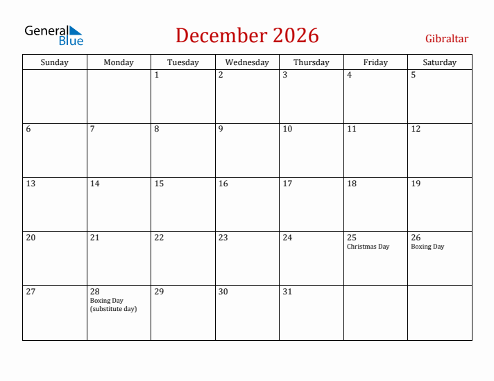 Gibraltar December 2026 Calendar - Sunday Start