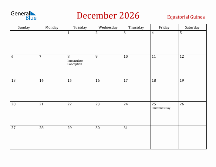 Equatorial Guinea December 2026 Calendar - Sunday Start