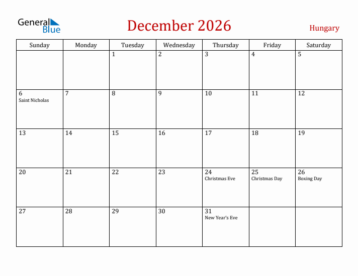 Hungary December 2026 Calendar - Sunday Start