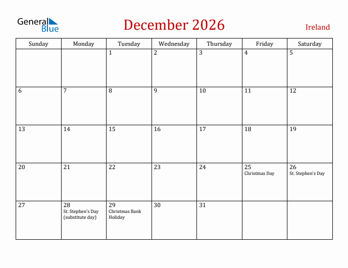 Ireland December 2026 Calendar - Sunday Start