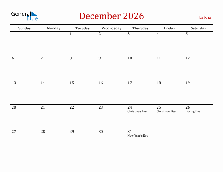 Latvia December 2026 Calendar - Sunday Start