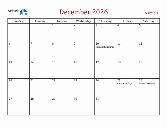 Namibia December 2026 Calendar - Sunday Start