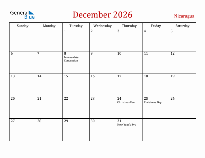 Nicaragua December 2026 Calendar - Sunday Start