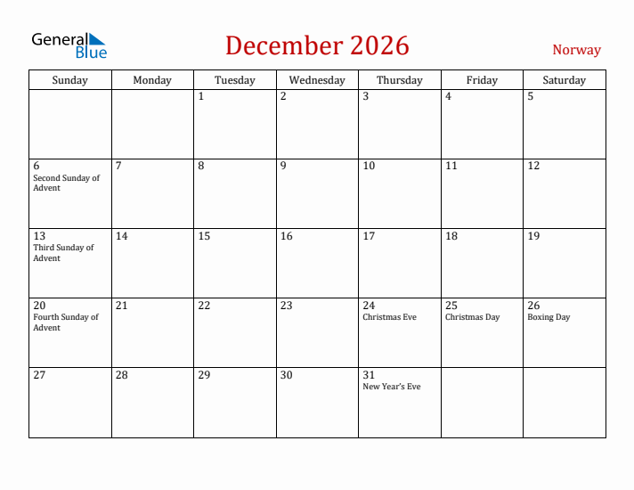Norway December 2026 Calendar - Sunday Start