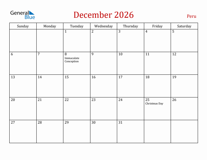 Peru December 2026 Calendar - Sunday Start