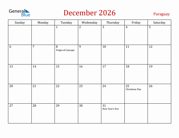 Paraguay December 2026 Calendar - Sunday Start